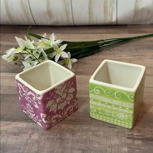Set of 2 Small Square Votive Holders Mauve & Green‎